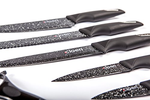 Set de 6 piezas con pelador incluido - Modelo Black Premium 5 cuchillos de acero inoxidable y 1 pelador con hoja cerámica - Presentado en estuche imantado.