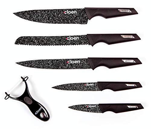 Set de 6 piezas con pelador incluido - Modelo Black Premium 5 cuchillos de acero inoxidable y 1 pelador con hoja cerámica - Presentado en estuche imantado.