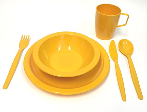 Set de vajilla de plástico de policarbonato para acampada Harfield - plato, cuenco, vaso y cubertería infantil - amarillo