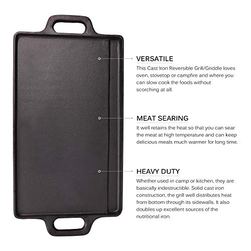 Sfeomi Plancha de Cocina de Hierro Fundido 45cm Plancha Reversible de Hierro con Prensa Antiadherente BBQ Parrilla Portátil para Casa, Camping, Barbacoa