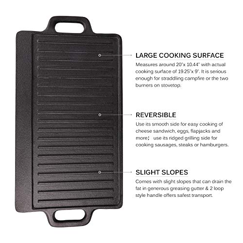Sfeomi Plancha de Cocina de Hierro Fundido 45cm Plancha Reversible de Hierro con Prensa Antiadherente BBQ Parrilla Portátil para Casa, Camping, Barbacoa