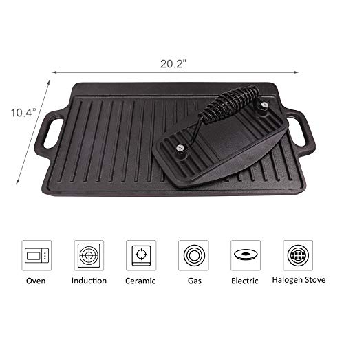 Sfeomi Plancha de Cocina de Hierro Fundido 45cm Plancha Reversible de Hierro con Prensa Antiadherente BBQ Parrilla Portátil para Casa, Camping, Barbacoa
