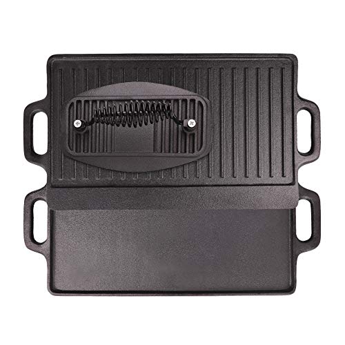 Sfeomi Plancha de Cocina de Hierro Fundido 45cm Plancha Reversible de Hierro con Prensa Antiadherente BBQ Parrilla Portátil para Casa, Camping, Barbacoa