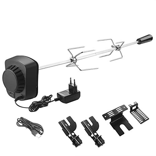 SHYOSUCCE Asador Giratorio Electrico con 2 Agujas de Carne y Motor (Alimentado pour Cable USB o Adaptador), Pincho Asador pour Parrillas de Gas, Carros de Parrilla (69-137cm)