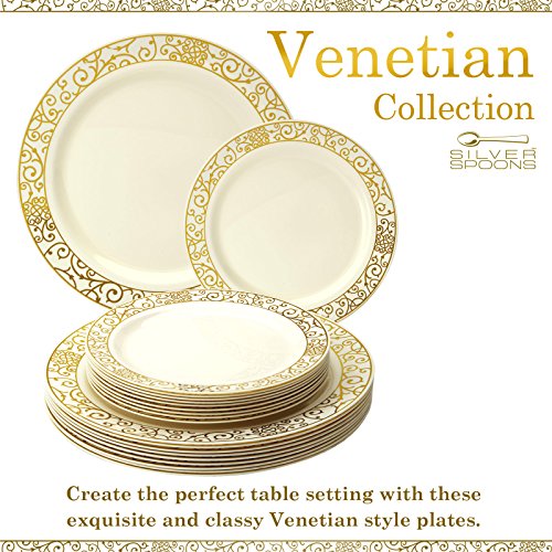 Silver Spoons Vajilla para Fiestas Desechable de 40 Piezas | 20 Platos Grandes | 20 Platos para Ensalada | Elegante Aspecto de Porcelana Fina | para Bodas Y Comidas de Lujo (Venetian Collection – Oro)
