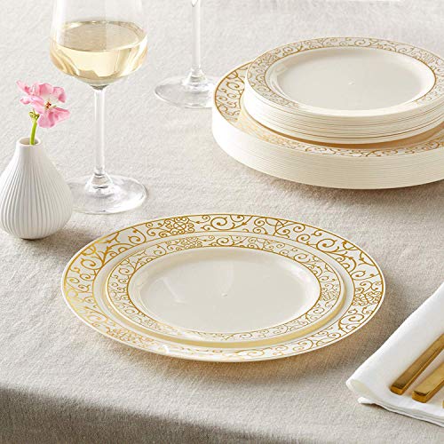 Silver Spoons Vajilla para Fiestas Desechable de 40 Piezas | 20 Platos Grandes | 20 Platos para Ensalada | Elegante Aspecto de Porcelana Fina | para Bodas Y Comidas de Lujo (Venetian Collection – Oro)