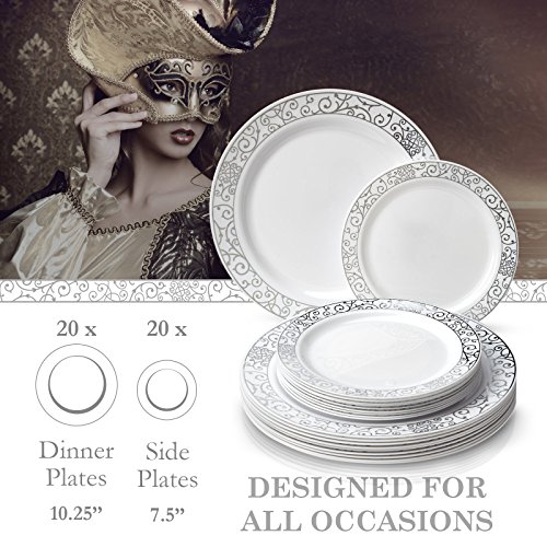 Silver Spoons VAJILLA PARA FIESTAS DESECHABLE DE 40 PIEZAS | 20 platos grandes | 20 platos para ensalada | Platos de plástico resistente | Elegante aspecto de porcelana fina (Venetian – Plata)