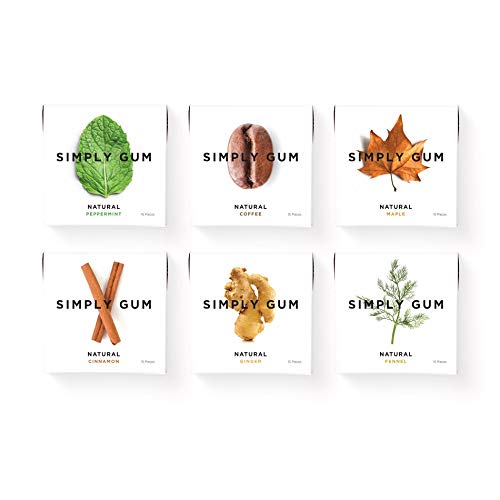 Simply Gum | Chicle Natural | Chewing Gum | Caja Surtido: Menta, Canela, Jengibre, Hinojo, Arce, Café | Pack de 6 (90 piezas en total) | Biológico, Ecológico, Vegano, Sin Plástico, Sin Aditivo