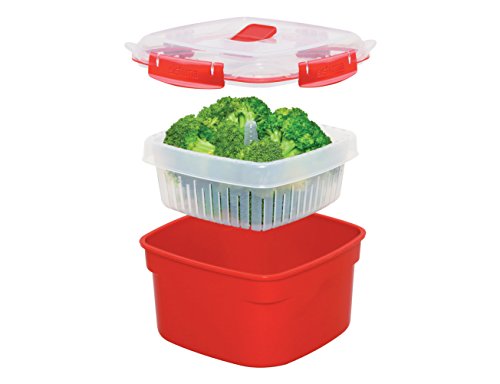 Sistema Vaporera grande de microondas de plástico rojo, 23.9 x 23.9 x 10.9 cm