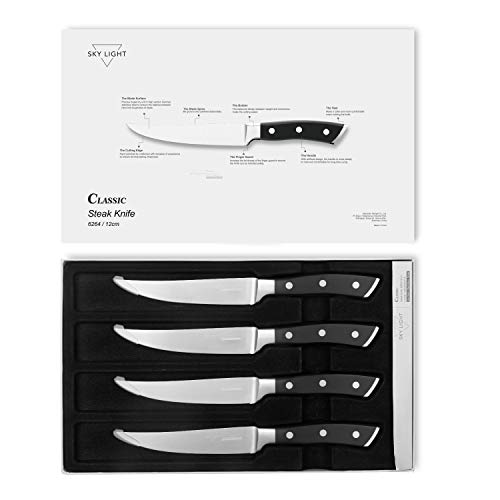 SKY LIGHT Cuchillo de Carne 4 Piezas Cuchillos Chuleteros 12 cm Cuchillo de Mesa, Borde Recto Alemana Alto Carbón Acero Inoxidable Mango Antideslizante Conjunto de Cuchillos
