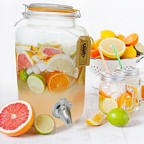 Smiths Mason Jars Dispensador de bebidas de 5 litros con espita de acero, sin malla de alambre y etiqueta de regalo. Es el enfriador de bebida definitiva.
