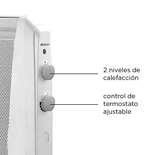 SOGO SS-18440 Radiador de Mica Bajo Consumo, Calefactor Eléctrico Portátil, Calefacción Eléctrica con Termostato Regulable, Potencia de 1000W y 2000W, Estufa Bajo Consumo, Color Blanco