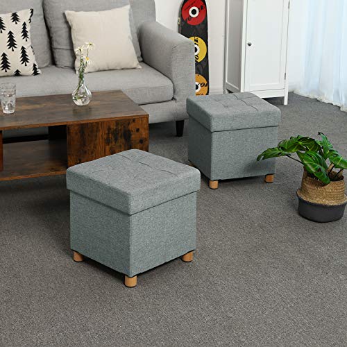SONGMICS Banco Otomano de Almacenamiento, Asiento Plegable Acolchado, Cofre con Tapa, Patas de Madera Maciza, Ahorra espacio, Carga Máxima 300 kg, para Dormitorio y Pasillo, Gris Claro LSF14GYX