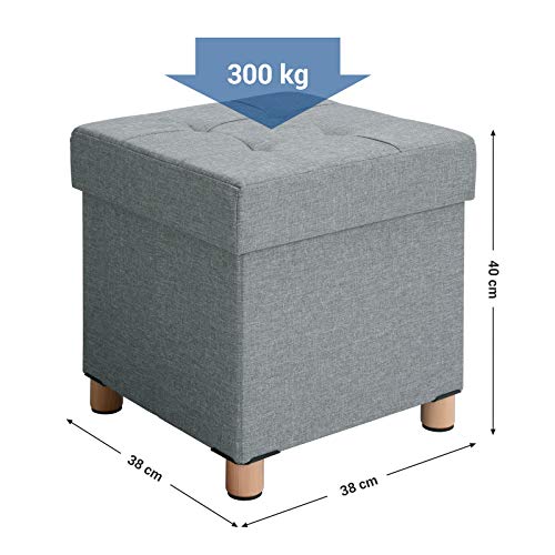 SONGMICS Banco Otomano de Almacenamiento, Asiento Plegable Acolchado, Cofre con Tapa, Patas de Madera Maciza, Ahorra espacio, Carga Máxima 300 kg, para Dormitorio y Pasillo, Gris Claro LSF14GYX