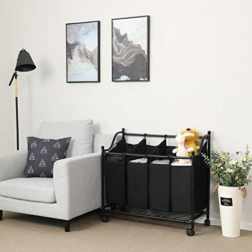 SONGMICS Carrito de LavanderÍa, Cesta de lavanderÍa, Colector de Ropa con 4 Bolsas de Tela ExtraÍbles, Contenedor de Ropa sobre Ruedas, Clasificador de Ropa, Robusto, 4 x 35 Litros, Negro, LSF005