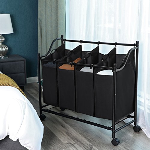 SONGMICS Carrito de LavanderÍa, Cesta de lavanderÍa, Colector de Ropa con 4 Bolsas de Tela ExtraÍbles, Contenedor de Ropa sobre Ruedas, Clasificador de Ropa, Robusto, 4 x 35 Litros, Negro, LSF005