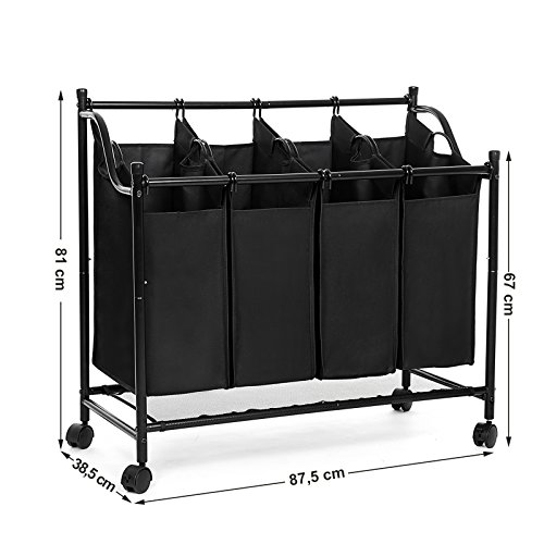 SONGMICS Carrito de LavanderÍa, Cesta de lavanderÍa, Colector de Ropa con 4 Bolsas de Tela ExtraÍbles, Contenedor de Ropa sobre Ruedas, Clasificador de Ropa, Robusto, 4 x 35 Litros, Negro, LSF005