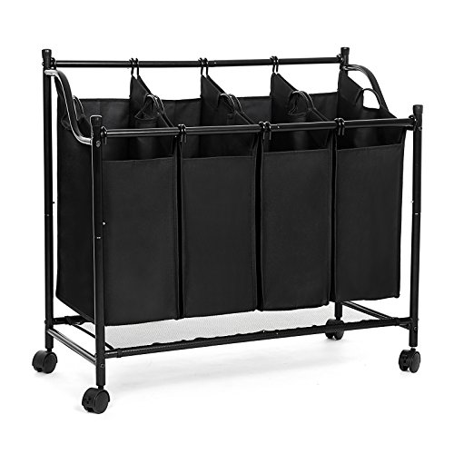 SONGMICS Carrito de LavanderÍa, Cesta de lavanderÍa, Colector de Ropa con 4 Bolsas de Tela ExtraÍbles, Contenedor de Ropa sobre Ruedas, Clasificador de Ropa, Robusto, 4 x 35 Litros, Negro, LSF005