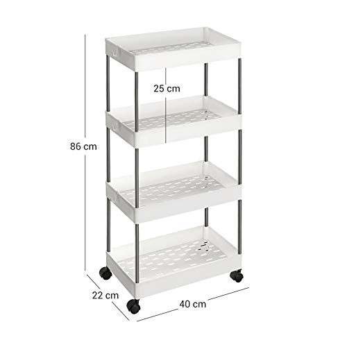 SONGMICS Carro de 4 Estantes Estrecho, Estantería con Ruedas, Carro para el Baño, para la Cocina, 40 x 22 x 86 cm, Blanco KSC10WT