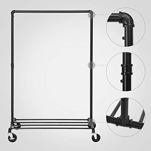 SONGMICS Perchero Burro Industrial con Ruedas, Capacidad de Carga de 90 kg, Perchero Metálico con Barra para Colgar, Estante de Almacenamiento, Negro HSR61BK