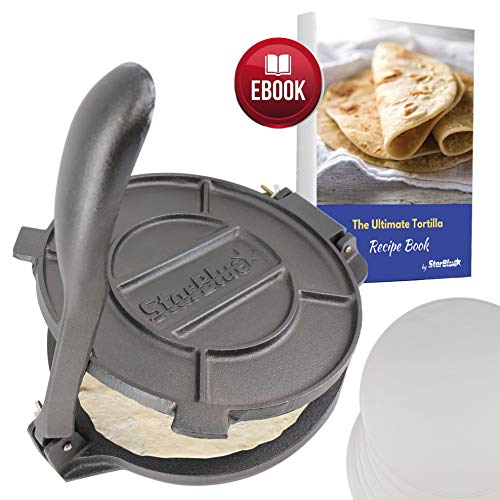 StarBlue prensa de tortilla de hierro fundido de 10 pulgadas con 100 piezas de papel de aceite gratis