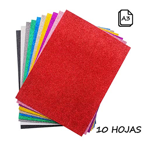 Starplast, Papel Goma Eva, Papel Foamy, Papel Decorativo, Pack de 10 Láminas, Purpurina, Liso, Aprox A3, 30x40cm, Hojas de Espuma EVA para Decorar y Manualidades, Etc. Colores Surtidos