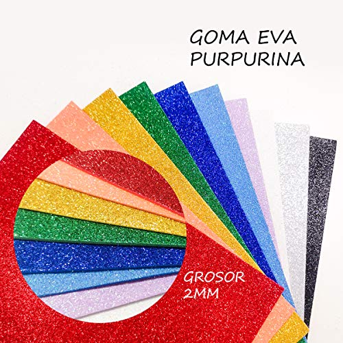 Starplast, Papel Goma Eva, Papel Foamy, Papel Decorativo Pack de 10 Láminas, Purpurina, Liso, Aprox A4, 20x30cm, Hojas de Espuma EVA para Decorar y Manualidades, Etc. Colores Surtidos