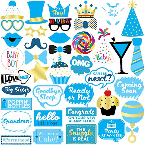 Sterling James Co. Accesorios para la Cabina de Fotos de Baby Shower Boy de James 40 Piezas - Decoraciones, favores y Suministros para niños - Anuncio de Embarazo - Fiesta de revelación de género