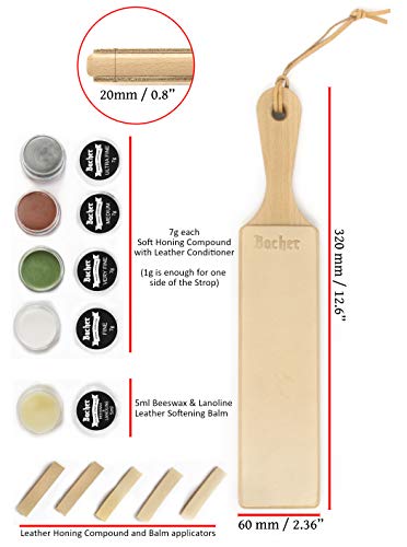 Suavizador de cuero (Asentador o Afilador) BACHER Premium STROP. Paleta de madera dura cubierta con cuero curtido ruso Juchtenleder de 1/8"de grosor. Incluye un kit de 4 compuestos de afilado.