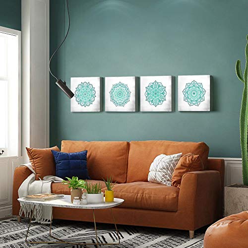 SUMGAR Cuadros en Lienzo Mandalas Decoración Salón Dormitorios Baño con Mural Modernos Boho Ilustraciones Turquesa Flores Impresiones Cuadros Verde Azulado Florales Indios de 30x30cmx4 Piezas