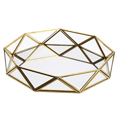 Sumnacon - Bandeja de Metal con Espejo y Cristal para Maquillaje, Organizador de Joyas, Bandeja para Prisma (Grande), Color Dorado