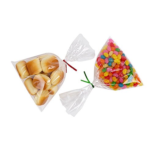 SWZY Treat Bags, 300 bolsas de celofán transparentes para tratar con lazos de 10 cm x 15 cm, 6 colores variados, caramelo, pan de chocolate, gelatina