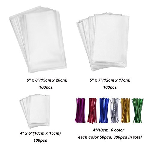 SWZY Treat Bags, 300 bolsas de celofán transparentes para tratar con lazos de 10 cm x 15 cm, 6 colores variados, caramelo, pan de chocolate, gelatina