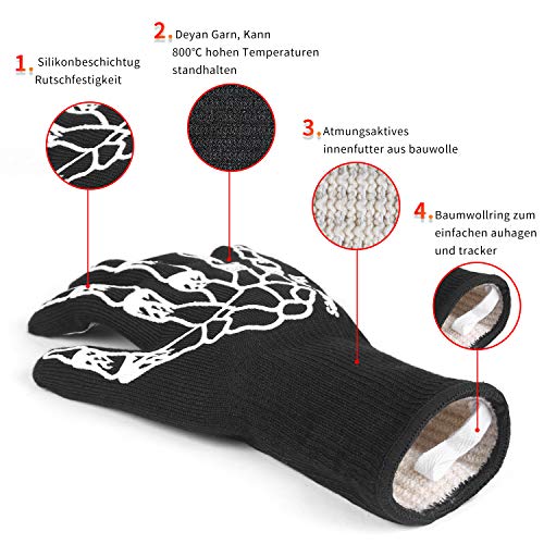 SXY Guantes de Barbacoa, Resistentes Al Calor Extremo Guantes de Cocina Antideslizante para Horno Microondas, Parrilla, Cocina, Chimenea y Carbón, EN407 Protege hasta 800 °C Oven Gloves Resistencia