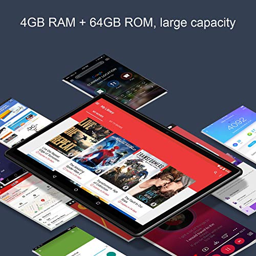 Tablet 10 Pulgadas 4G FHD 64GB de ROM 4GB de RAM Android 9.0 Certificado por Google GMS Tablet PC Procesador de Quad Core Batería 8500mAh Dual SIM 8MP Cámara WiFi,Bluetooth,GPS,OTG(Negro)