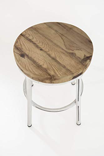 Taburete Bajo Metal y Madera TOM Blanco Vintage Sam, Asiento de Madera, 49x35cm. Incluye Imán Personalizable de Regalo.