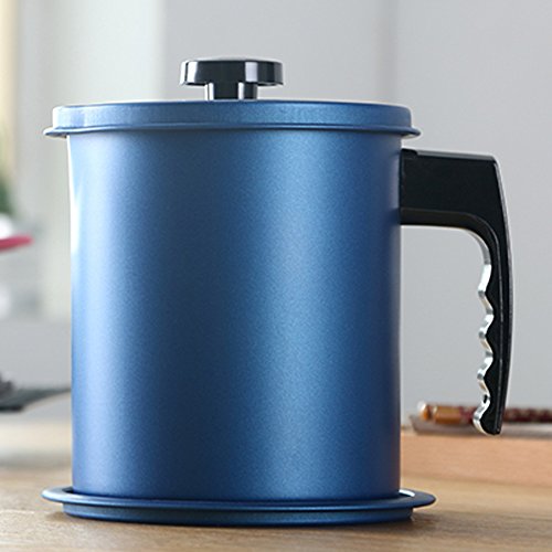 TAMUME 1.6L Olla de Colador de Aceite de Acero Inoxidable, Filtro de Grasa y Contenedor de Aceite con Tapa y Soporte Antideslizante (Azul)