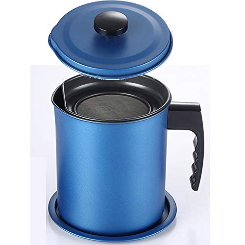 TAMUME 1.6L Olla de Colador de Aceite de Acero Inoxidable, Filtro de Grasa y Contenedor de Aceite con Tapa y Soporte Antideslizante (Azul)