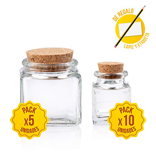 TAPAS & ENVASES RIOJA Botes para Especias de Cristal Frascos especiero con tapon Corcho de Cocina Organizador de Especias tarros Pack de 10 especieros de 40ml + 5 especieros de 90Ml