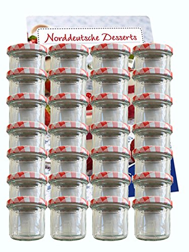 Tarro Juego de tarros vasos | cantidad 25 pieza | cantidad de relleno 125 ml, con Tapa de rosca Tapa Color Rojo Cuadros 25 etiquetas NZ | para mermelada (presupuesto etiquetas etiquetar vasos