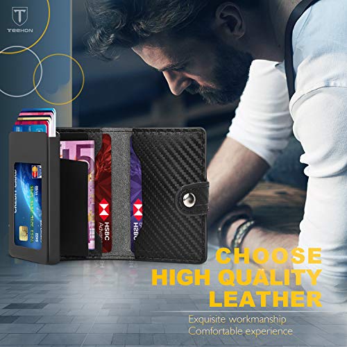 TEEHON Carteras Hombre, Tarjetero Hombre, Cartera RFID Tarjeta, Cuero Fibra de Carbono Cartera Hombre con 1 Caja de Tarjeta de Metal de Cartera Empuje Manual, 3 Ranuras para Tarjetas y Billetes -Negro