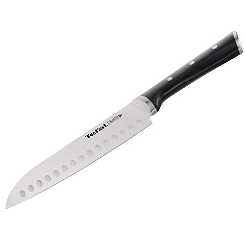Tefal Ingenio Ice Cuchillo santoku, acero cepillado, cuchillo de una sola pieza, mango remachado, negro, 18 cm