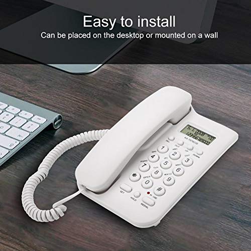 Teléfono con Cable,KX-T076 Teléfono Fijo Alámbrico, Teléfono Fijo para Montura en Pared, Teléfono Fijo de Sobremesa con Pantalla, Telefonía Fija de Escritorio para el Hogar y la Oficina(Blanco)