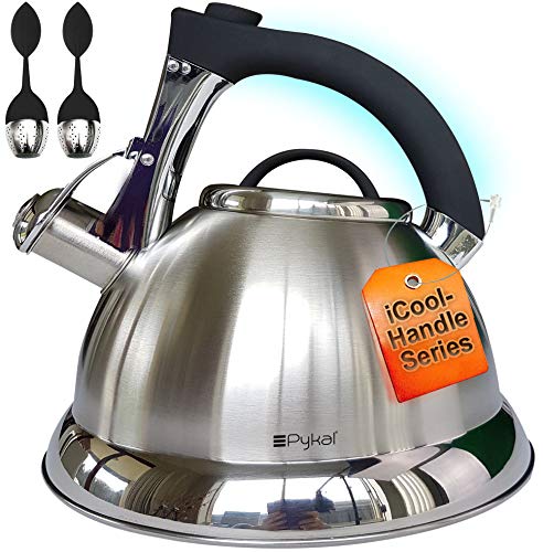 Tetera silbante con agarre iCool, Tetera de acero inoxidable quirúrgico, para cocina de inducción, gas y eléctrica, 2 infusores GRATUITOS incluidos, 3 cuartos por Pykal