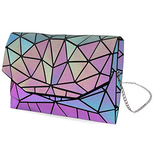 Tikea Bolsa Geométrica Luminosa Holográfica para Mujer, Bolso Busta con Correa de Cadena de Moda en Cuero Sintético, Clutch Efecto Reflectante