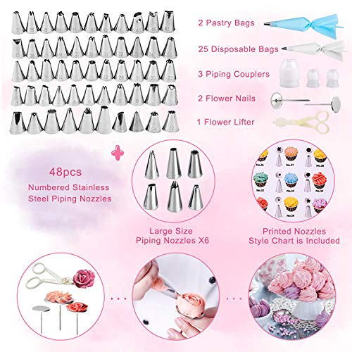 Tintec Equipo de decoración de Pasteles,106pcs Juego de decoración de Pasteles Suministros para hornear Soporte Giratorio Antideslizante,54 bocas de jacquard,Herramienta de pastelería Fondant