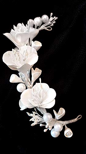 Tocado novia Adorno Flores Blancas para el Pelo Flores de Porcelana fria hecho a mano, Pieza única