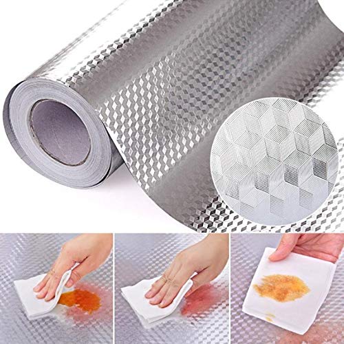TONGXU Papel de Aluminio 61x300cm Autoadhesivo Impermeable Anti Aceite de Cocina Baldosas Papel Tapiz Etiqueta de Cocina DIY Decoración para Hogar de Gabinete Azulejo Pared Cocina Cajón Baño