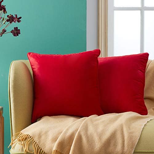 Topfinel Juego 2 Hogar cojín Terciopelo Decorativa Almohadas Fundas Color sólido para Sala de Estar sofás 50x50cm Rojo