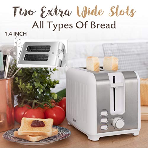 Tostadora Pan Ranura Ancha 3 en 1 - Blanca Mate Inoxidable, Tostadora Vintage - Pinzas de Bambú gratuíta - 7 Niveles Tostado - 850W - Calienta Panecillos y Recoge Migas